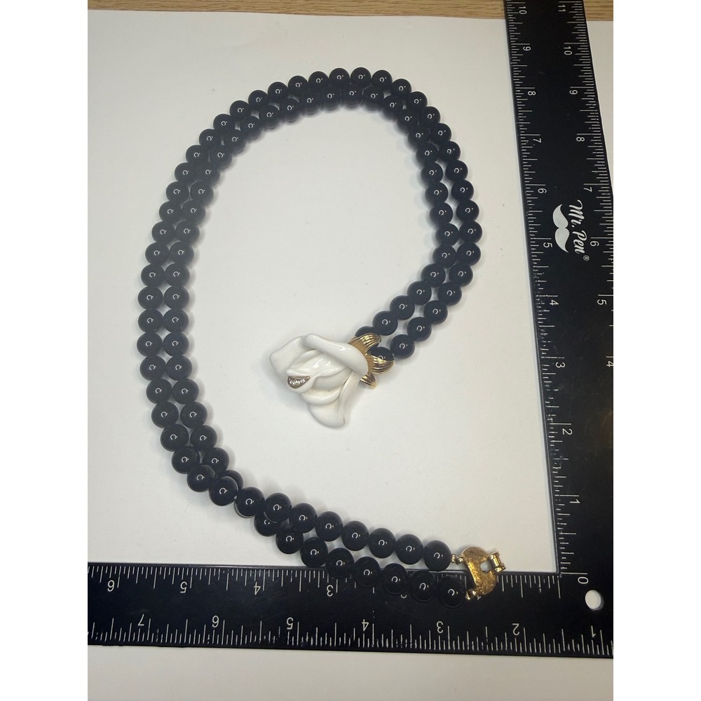 K.J.L. for Avon Midnight Rose Black Bead White Resin Flower Necklace Rhinestone